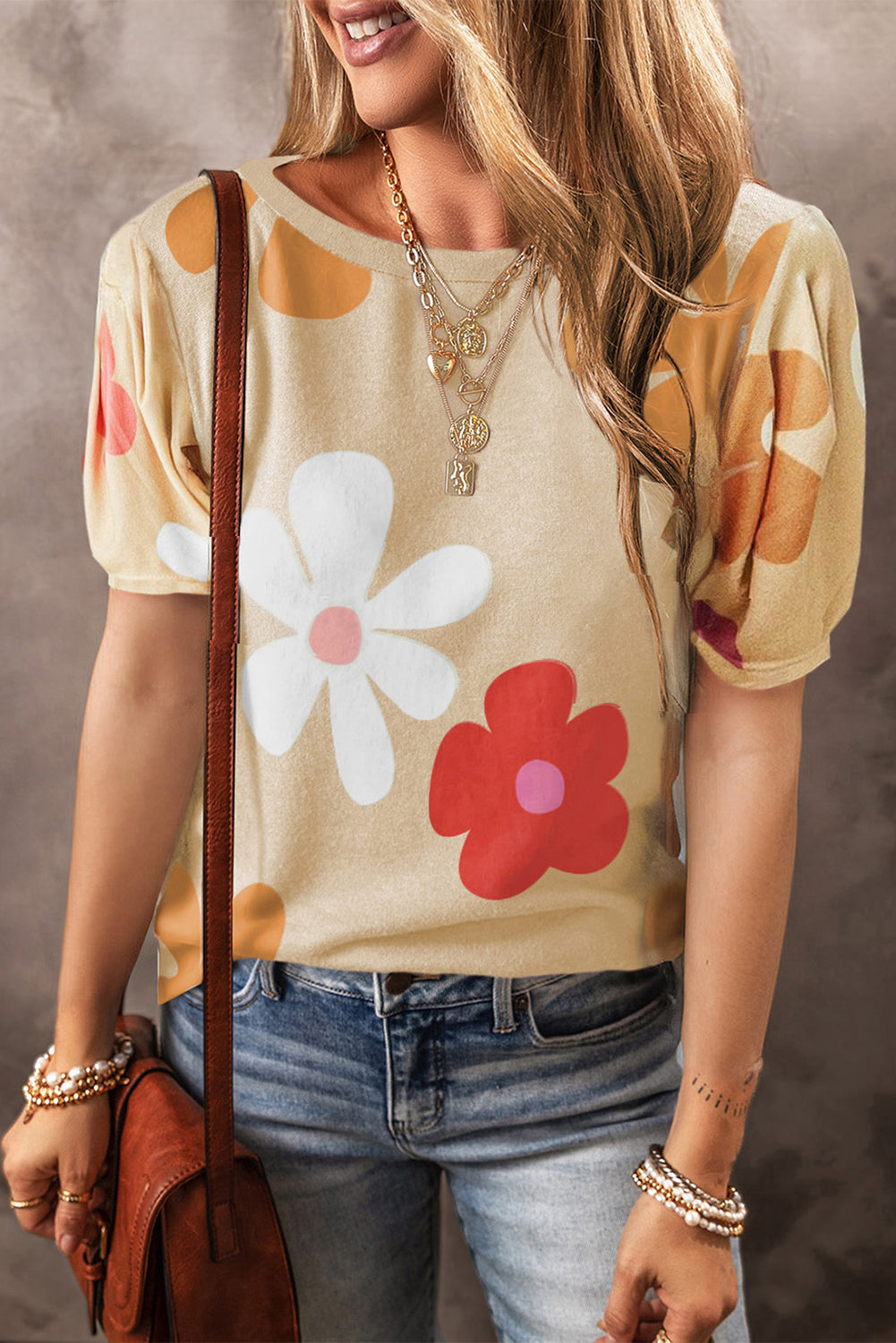 Flower Round Neck Short Sleeve Blouse Flower Round Neck Short Sleeve Blouse